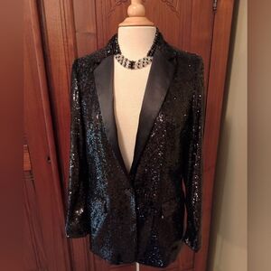 Express Boyfriend Black Sequin & Satin Evening Jacket Blazer Sz XS